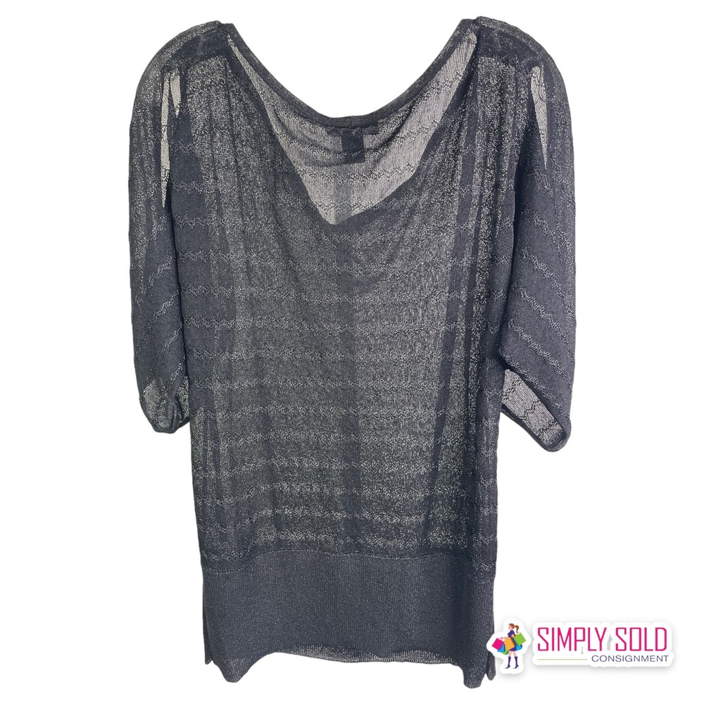 White House Black Market Women's Short Sleeve Shirt Black Sheer Scoop Neck‎ Sz L